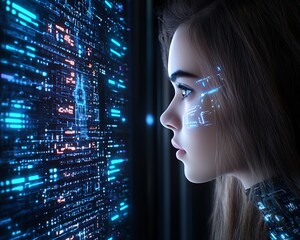 girl viewing digital code interface.