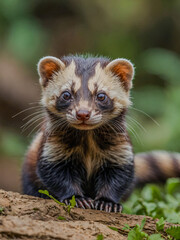 Wall Mural - Close-up view of Marbled Polecat cub in its natural environment with a blurred background.