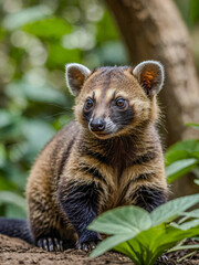 Wall Mural - Close-up view of Ring-Tailed Coati cub in its natural environment with a blurred background.