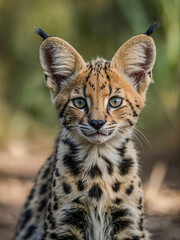 Wall Mural - Close-up view of Serval cub in its natural environment with a blurred background.