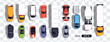 © Ihor - Top view cars set isolated. View from above. Cute cartoon transport. Modern urban vehicle. View from the bird's eye. Realistic car design. Flat style vector illustration. Truck. concrete mixer.
