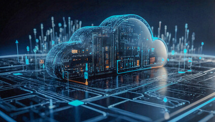 Cloud computing concept with network data icons.