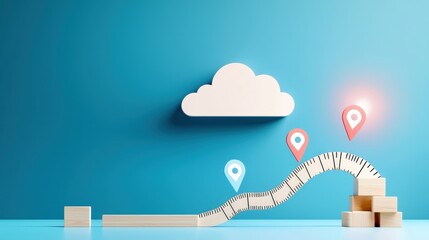 Wall Mural - successful project management timeline concept. digital cloud pathway with location markers and wood