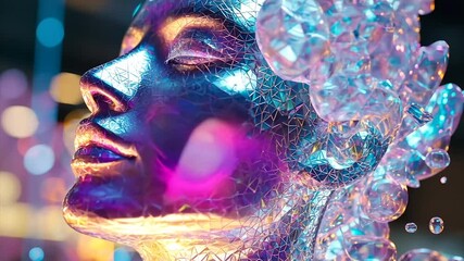 Wall Mural - Iridescent, glass-like head sculpture, partially liquid, serene expression, vibrant colors