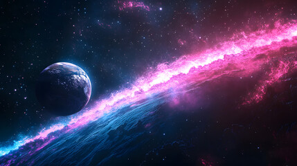 Wall Mural - A planet with a vibrant nebula in the cosmos
