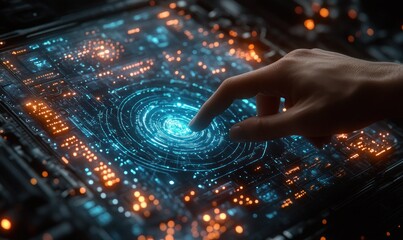 futuristic digital interface hand interaction cyberpunk technology update software upgrade