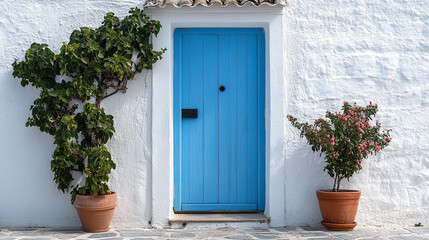  Bright blue door with potted plants in a quaint setting