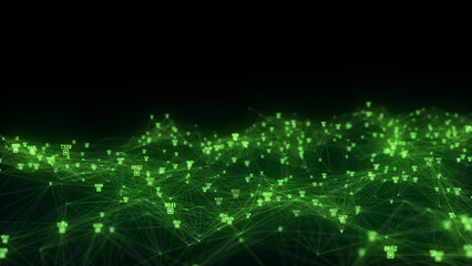 Wall Mural - dark cyberspace in digital background. abstract technology wave with motion glowing dots and lines. 