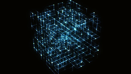 Wall Mural - 3d futuristic geometric cube with dots and lines. abstract wireframe blockchain. science background.