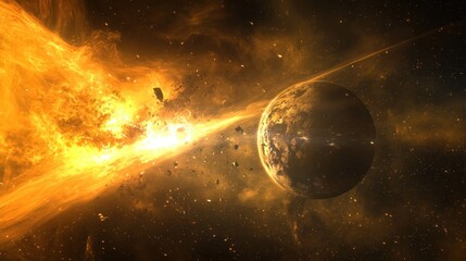 Wall Mural - explosive cosmic interaction near planet surrounded by asteroids