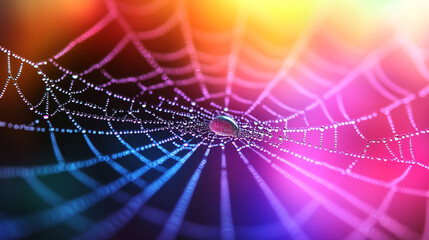 Bright  Colorful Spider Web with Dewdrops in a Vibrant Background