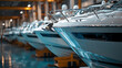 © watz - A row of newly built gleaming white yachts sit in a manufacturing facility awaiting their journey to the open water.