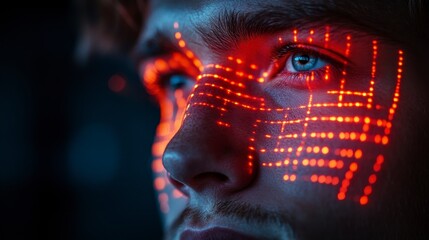 Face illuminated with red grid pattern. Focused gaze