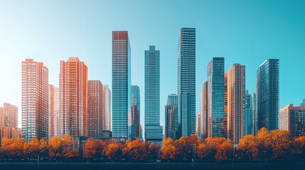dramatic skyline featuring towering buildings against a vibrant sky backdrop