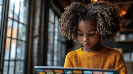 Young girl focused on tablet screen indoors