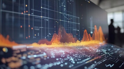Digital Data Visualization: Abstract Orange and Blue Waves on a Futuristic Screen