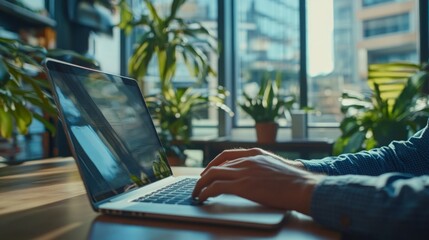 Aufkleber - A person is typing on a laptop at a wooden desk in a well-lit office space surrounded by vibrant indoor plants. Sunlight streams through large windows, creating a productive atmosphere.