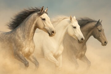 Naklejka na meble Three horses, a dapple gray, a white, and a dark gray, are galloping through a dusty landscape as the sun sets, creating a dramatic and beautiful scene