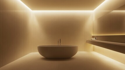 Aufkleber - A beautifully designed minimalist bathroom featuring a freestanding bathtub, clean lines, and neutral tiles, creating a spa-like retreat