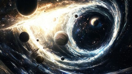 Wall Mural - enigmatic cosmic landscape with planets and swirling galaxies