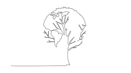 Wall Mural - self drawing animation of single one line drawing a tree whose leaves form a globe. symbolism. a den