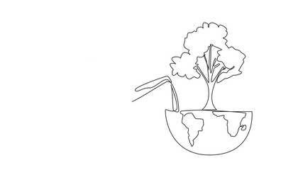 Wall Mural - animated self drawing of single continuous line drawing a hand watering a tree on half the globe usi