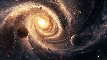 Wall Mural - spiral galaxy with bright center and orbiting planets in space
