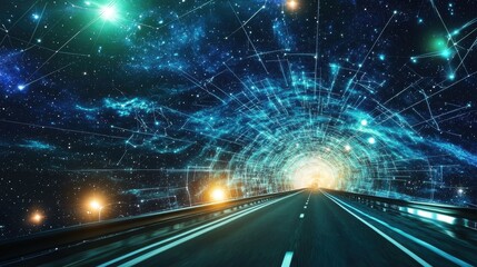 Wall Mural - futuristic highway leading into a cosmic light tunnel