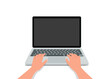 © Mindra - Hands in work at laptop keyboard with blank monitor screen at table. Vector illustration.