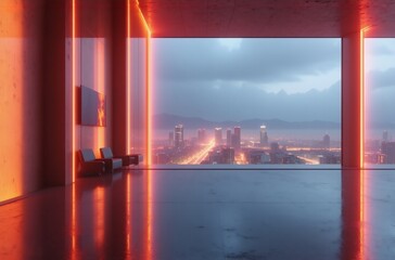Poster - Modern, minimalist interior with orange neon lighting.  Floor-to-ceiling window reveals a cityscape at dusk.  Reflective floor enhances the sleek design.