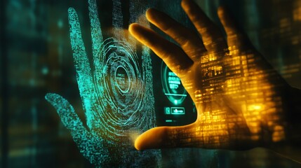 Wall Mural - cyber safety illustration with hand on virtual screen interface demonstrating secure login data encr