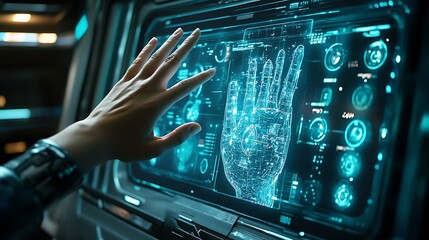 Wall Mural - cyber safety illustration with hand on virtual screen interface demonstrating secure login data encr