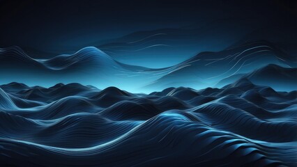 Abstract digital landscape with blue wavy lines converging towards the horizon under a dark
