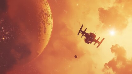 Wall Mural - spacecraft flying near large planet surrounded by colorful nebula