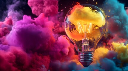 Canvas Print - Artistic Warm Yellow Light Bulb Surrounded by Colorful Gradient Clouds