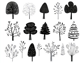 Stylized tree illustrations; design elements; white background; graphic art; website design