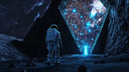Wall Mural - astronaut exploring portal to the stars in a cosmic landscape