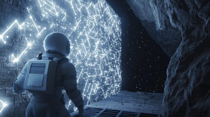 Wall Mural - astronaut in a mysterious cave with glowing star patterns