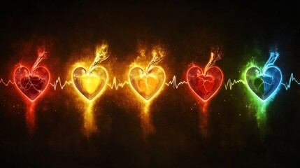 Fototapete - A series of heart waveforms depicted in different colors, symbolizing various emotional states, displayed on a dark background for a striking contrast