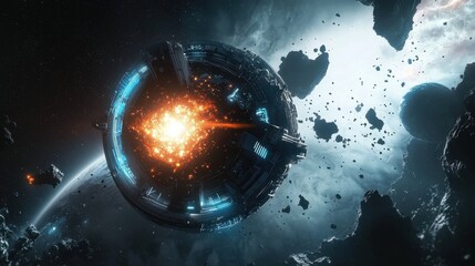 Wall Mural - futuristic space station amidst asteroids in a cosmic landscape