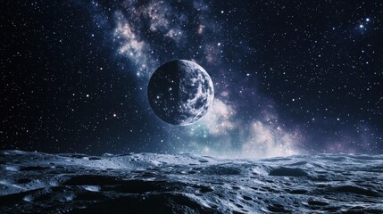 Wall Mural - majestic view of earth rising over an alien lunar landscape