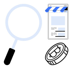 Magnifying glass inspecting online shop interface and Bitcoin coin. Ideal for e-commerce, blockchain, cryptocurrency, search, shopping, business innovation, fintech. Flat simple metaphor
