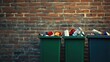 © Alexandr - Colorful trash bins overflow with waste against rustic brick wal