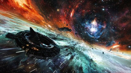 Wall Mural - majestic cosmic landscape with spaceship and colorful nebulae