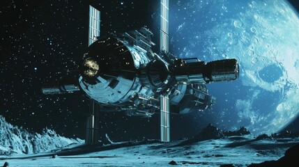 Wall Mural - futuristic spacecraft orbiting moon in dark outer space landscape