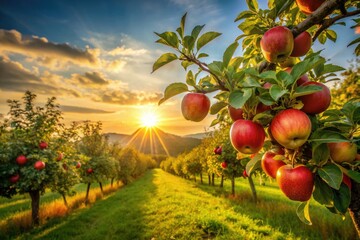 Wall Mural - Golden sunset bathes a lush apple orchard. Red apples gleam amidst vibrant green trees.
