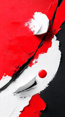 Wall Mural - Abstract painting on canvas, mostly covered with thick black acrylic or oil paint, rough and textured surface, with a single little bold red brushstroke as an accent, minimalist and dramatic compositi