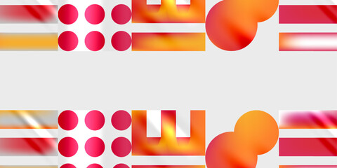 Fototapete - Abstract geometric design features vibrant red, orange, yellow shapes. Circles, rectangles, lines create modern composition on light gray background. Minimalist aesthetic.