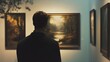 © CybStars - A contemplative man admires classic landscape paintings in a gallery, surrounded by art, evoking reflection and inspiration.