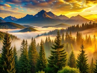 Wall Mural - Sunrise paints a majestic mountain panorama, coniferous forests bathed in golden light.